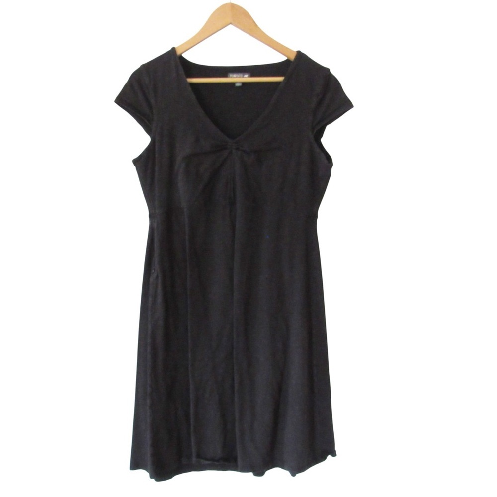 Toad Co Rosemarie Dress Large Black Cap Sleeves Stretch A-Line V-Neck Tencel